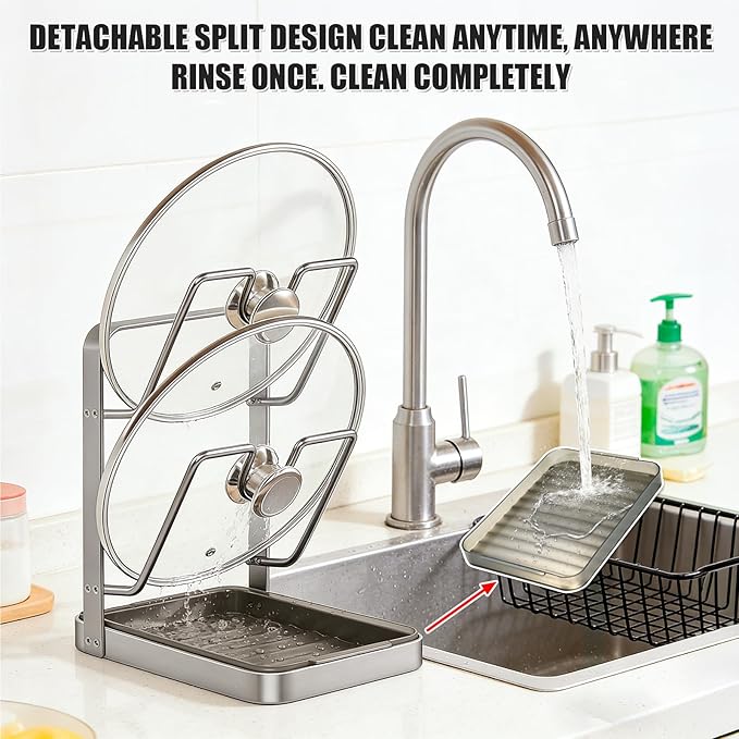 304 Stainless Steel Pot Lid Holder While Cooking, Pot Lid Organizer Rack with Drip Tray for Stove Top, Multifunctional Kitchen Countertop Organizer Space Saving Lid Holder (Silver)