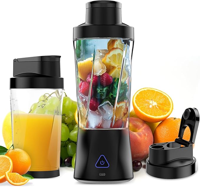 Portable Blender, 360 Watt Personal Blender for Shakes and Smoothies, 6000mAh USB Rechargeable, BPA Free 24 Oz Juicer Cup with 6 Blades and Lid, Self Cleaning Portable Juicer for Kitchen, Deep Black