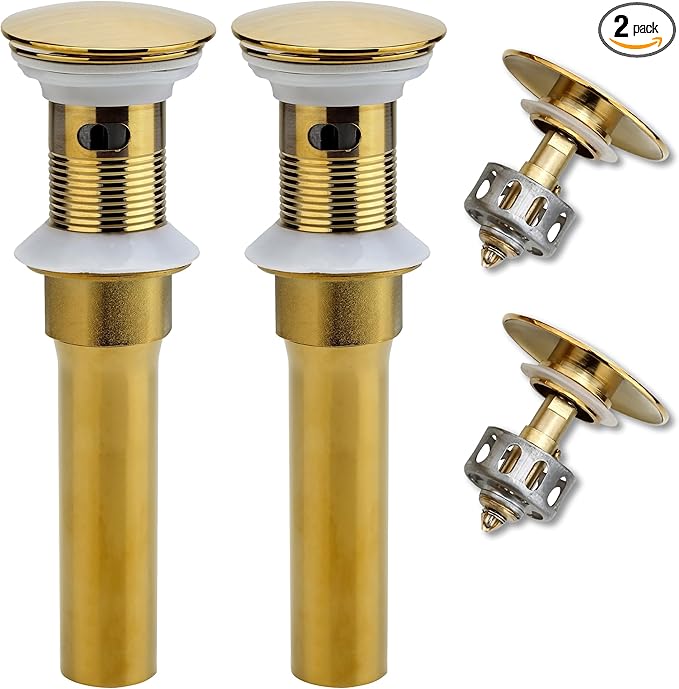 Rockgoya Bathroom Sink Drain, 2 Pack Gold Drain Stopper Bathroom Sink with Overflow, Pop Up Drain Assembly with Detachable Strainer Basket, Built-in Anti-Clogging Strainer,Stainless Steel