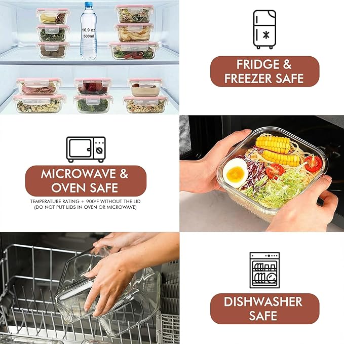 Razab 24 Pc Airtight Glass Food Storage Containers - Glass Meal Prep Containers - Freezer to Oven Safe - Steam Release Valve BPA Free - Airtight Bento Boxes - Leak Proof (12 lids & 12 Containers)