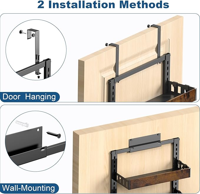BUKFEN 6-Tier Over the Door Pantry Organizer, 2-in-1 Door Hanging or Wall Mounted Spice Rack, Heavy Duty Metal Storage Shelves with Adjustable Wooden Baskets for Kitchen Bathroom Closet