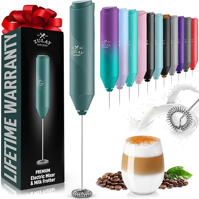 Zulay Kitchen Milk Frother Handheld Battery Operated – Electric Drink Mixer for Coffee, Lattes, Cappuccinos, Matcha & Hot Chocolate – Portable Foam Maker & Coffee Bar Accessory - Dark Green