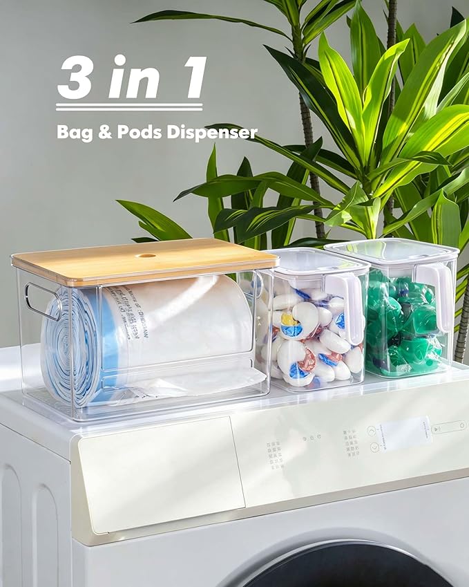 iCASA Trash Bag Dispenser Organizer - Large 3 in 1 Garbage Bag Dispenser Holder Dishwasher Pods Container, Clear Under Kitchen Sink Organizer, 2pcs Laundry Detergent Pods Storage Box with Handle