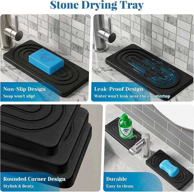 Stone Drying Tray, Water Absorbing Stone Tray, Natural Diatomaceous Earth Stone Sink Mat, Instant Dry Sink Coasters, Kitchen Sponge Hand Soap Holder, Quick Dry, Ease Cleaning