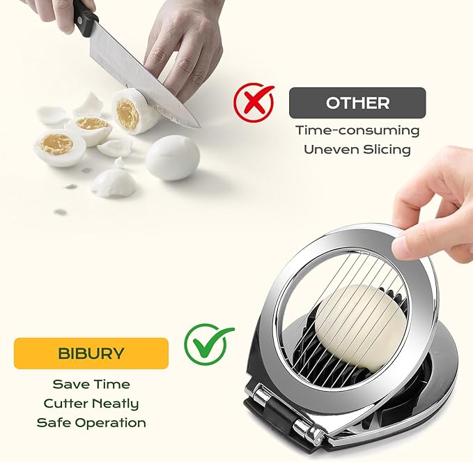 BIBURY Egg Slicer for Hard Boiled Eggs - Heavy Duty Stainless Steel Egg Cutter with 3 Slicing Styles for Eggs, Strawberries, Mushrooms - Easy to Clean & Dishwasher Safe
