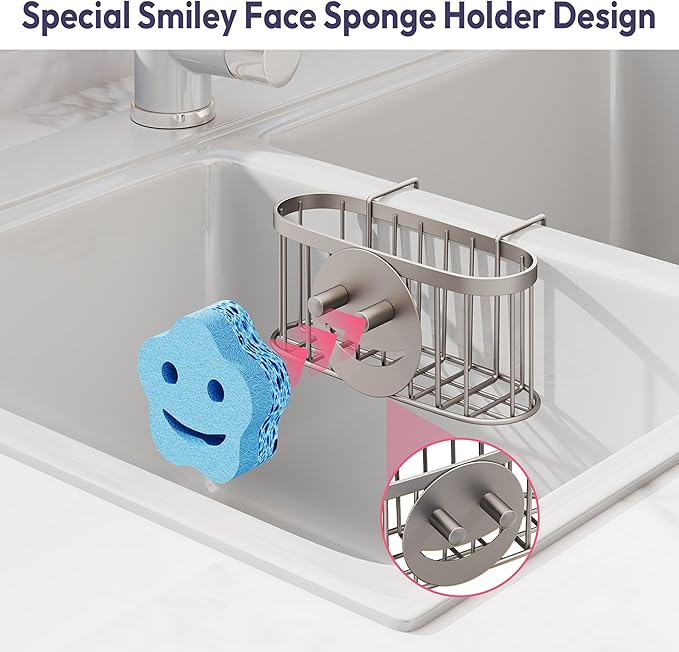 SWTYMIKI Sponge Holder for Kitchen Sink - Movable Sink Caddy with Smiley Face Sponge Holder, Rustproof Hanging Sponge Organizer in Double Bowl Sinks Depth>3.15in, Middle Divider<1.5in, Sand Nickel