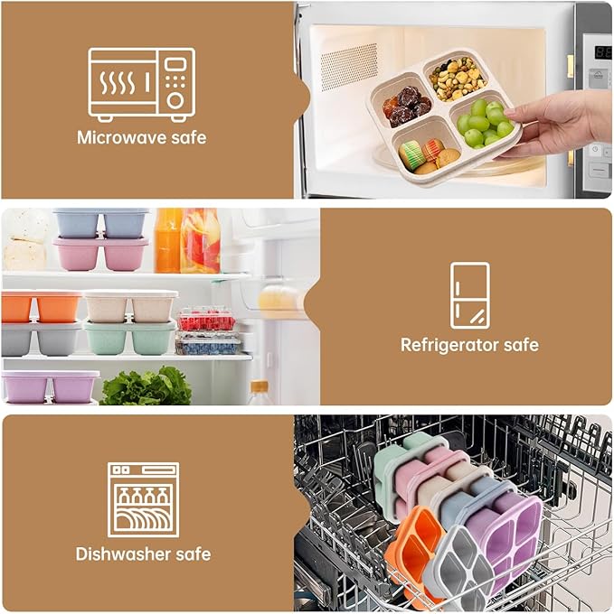 7 Pack Bento Lunch Box ，4 Compartment Snack Containers，Divided Meal Prep Lunch Containers, Kids/Toddle/Adults,Food Storage for School, Work and Travel
