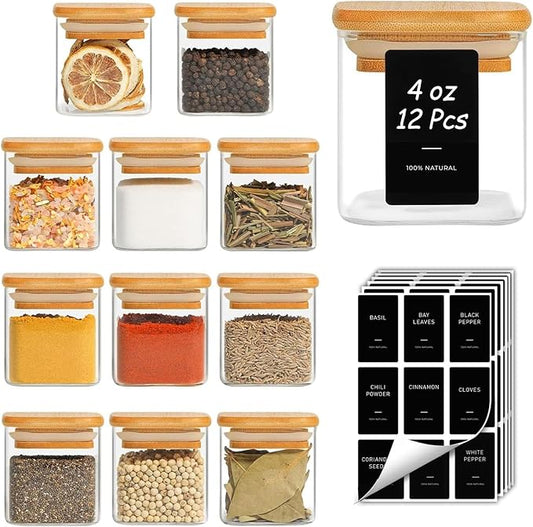 ComSaf 12Pcs Spice Jars with Labels, Glass Jar with Bamboo Lid, 4oz Airtight Square Spice Containers with Black Lables, Empty Seasoning Jars for Spice