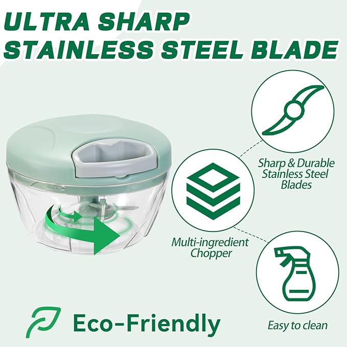Manual Food Processor Vegetable Chopper,‌ Portable Hand Pull String Garlic Mincer Onion Cutter for Veggies, Suitable for Vegetables, Ginger, Garlic, Fruits, Onion, Potato, Salad (Green 500 ml)