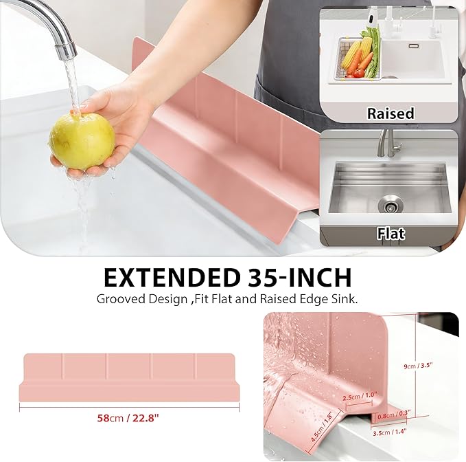 23Inch Sink Splash Guard – Extended Length & Tall Silicone Kitchen Sink Splash Guard with Overhang Drainage Design & Strong Suction Cups for Countertop (Lotus Pink, 23''x3.5'')