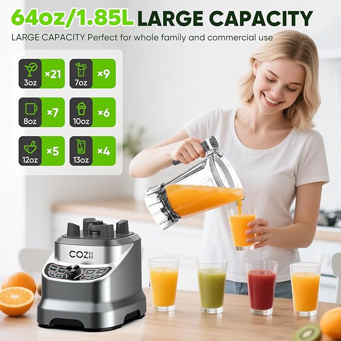 COZII Professional Blenders for Kitchen, 2000W Smoothies Countertop Blender for Ice Crushing/Frozen Drink/Nut Milk, Smoothie Blender with 64oz Pitcher & 21oz To-go Cup, Dishwasher Safe, Dark Grey