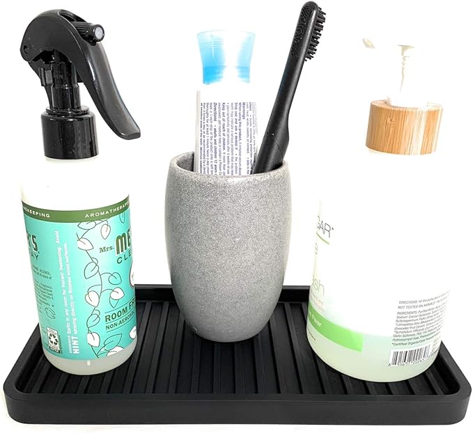 Silicone Kitchen Sink Organizer Tray, Sponge Holder and Countertop Protector | Bathroom and Kitchen Soap Dish and Dispenser Tray (Black, 10"x5.25")