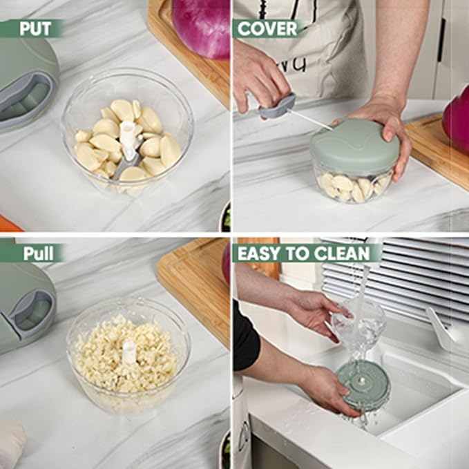 Manual Food Chopper, Garlic Chopper with Container, Vegetable Kitchen Cutter, Pull-String Hand Food Processor Sharp Blades Mincer Shredder for Cutting Onions Chili Ginger Herbs (Green, 500ml)