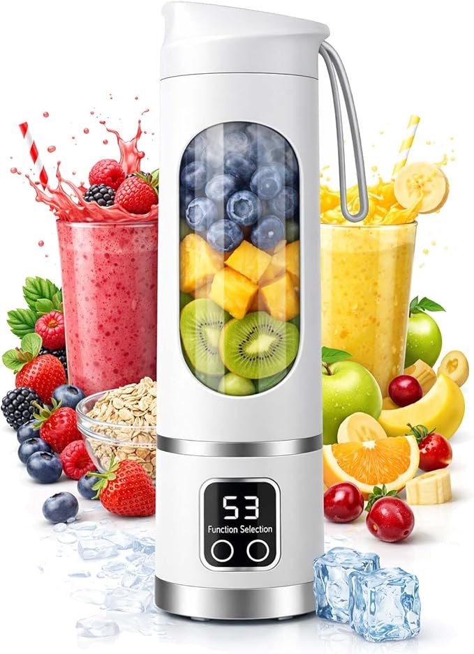 Portable 16oz Wireless Juicer, Portable Blender Personal Electric-Digital Multimode Smart LED Display, 3 Speed12-Blade Fresh Juice Bottle, USB Rechargeable for Shakes and Fruit Juice (White)