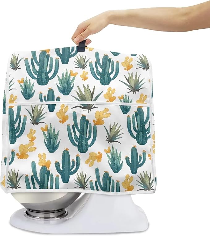 Green Cactus Pattern Mixer Dust Cover Universal Fit 4.5-5 Qt, Anti-Fingerprint & Easy Clean Cover with Handle & Accessory Pocket, Modern Kitchen Counter Decor Housewarming Gifts