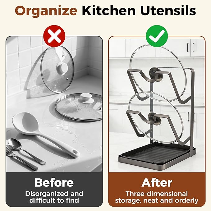 Pot & Pan Lid Organizer | Kitchen Pot Lid Storage Rack While Cooking | Pan Lid Organizer with Removable Tray for Kitchen Countertop | Space Saving, Waterproof, Rustproof (Grey)