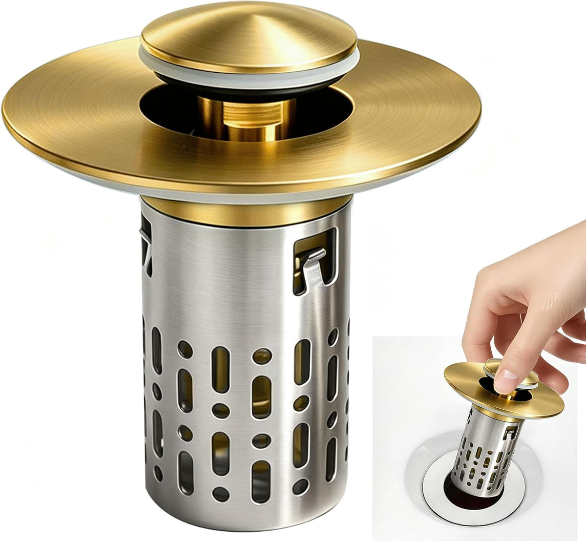 Bathroom Sink Stopper 3 in 1 Bathroom Sink Drain Strainer Universal Pop Up Sink Stopper with Removable Hair Catcher Anti-Clog Filter Basket Brass & Stainless Steel Brushed Gold 1 PC