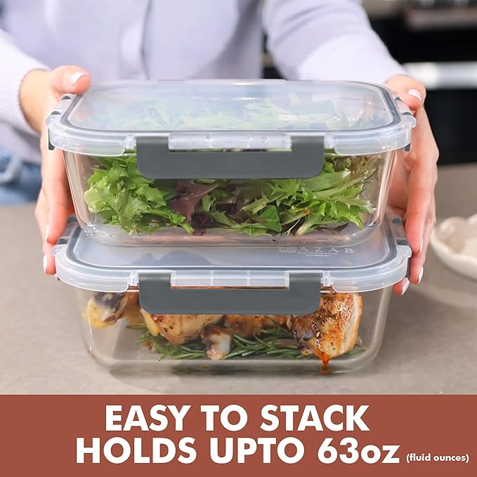 Razab 2 Pcs 1860ml / 63 Oz Large Glass Food Storage Containers with Lids - Glass Meal Prep Containers with Locking Lids for Roasting, Storing Leftover, Lunch Container, BPA Free, Microwave & Oven Safe