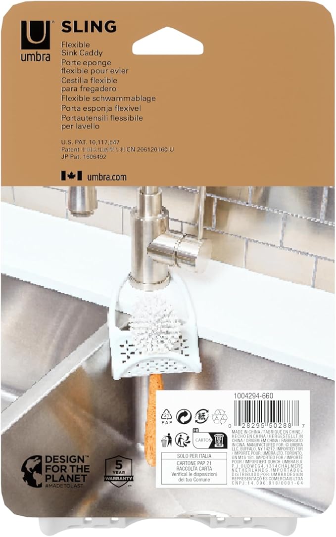 Sling Kitchen Sink Caddy Sponge Holder, Hangs Over Faucet or Divider, White