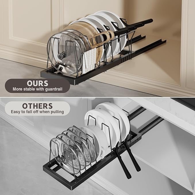 Magheo 2 Pack Pots and Pans Organizer Under Cabinet, 22" Deep Expandable Pull Out Pot Lid Organizer and Storage with 10 Adjustable Dividers No Drill Pot and Pan Holder Rack with Handle Bracket(Black)