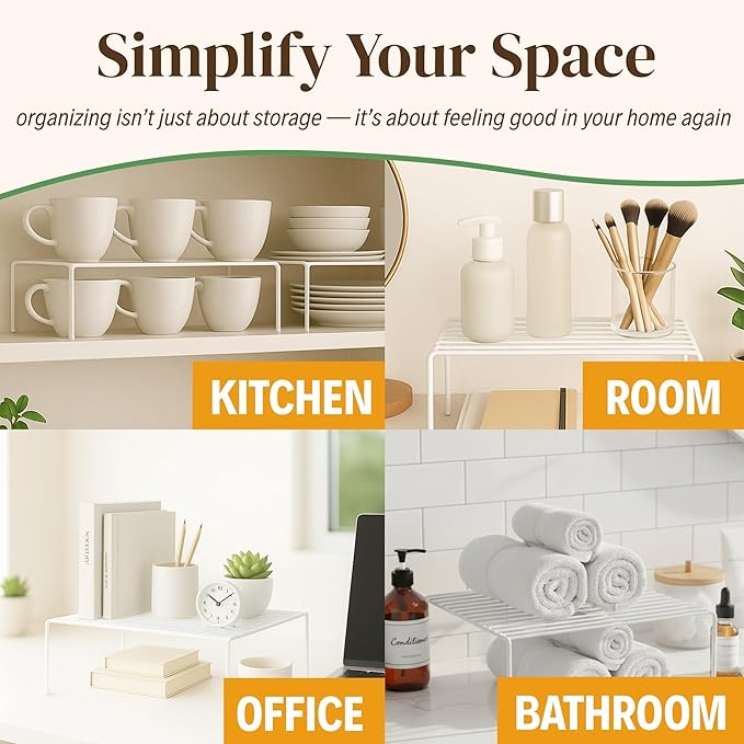 Evelots Kitchen Cabinet Wire Shelf Organizer/Rack - 4 Pack Sturdy Large Metal Shelf Risers - Double Your Counter Space - Great for Kitchen, Freezer, Pantry and Bathroom - Rustproof - White