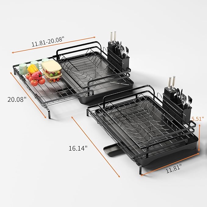 PureBox Extendable Dish Rack for Kitchen Sink - Heavy-Duty Adjustable Over Sink Drying Rack with Utensil Holder & Drain Tray, Space Saving Steel Frame Dish Rack (Black)