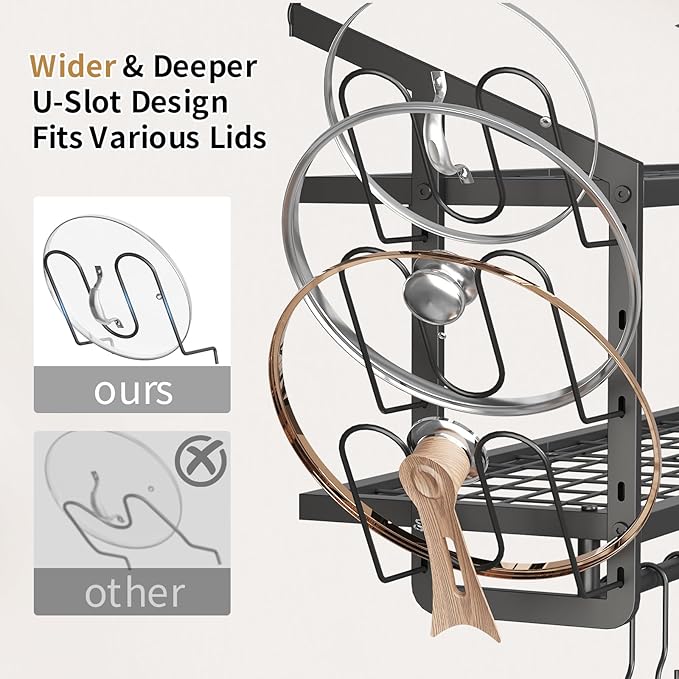 VOPEAK 30" Pot Rack Wall Mounted with 6 Detachable Pot Lid Holders,12 Adjustable S Hooks for Hanging Pans,2 Tier Black Heavy Duty Metal Shelves for pots and pans Organizer,200lbs Capcity,Space Saving