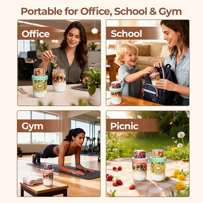 ComSaf Overnight Oats Containers with Lids (16oz+4oz, 6Pcs), Dual-Layer Chia Pudding Jars with Dry and Wet Separation, Yogurt Parfait Cups for Oatmeal Cereal Nut Fruit, Meal Prep Glass Jars for Salad