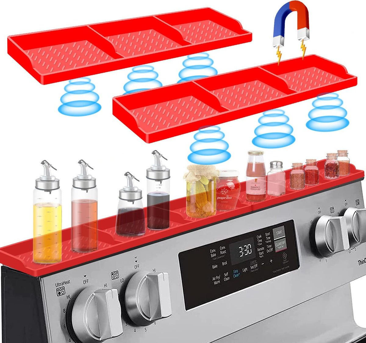 Stove Top for Shelf Silicone,30 Inch Magnetic Over the Stove Spice Rack of Shelf,Kitchen Shelf for Stove Organizer Magnet Above Stovetop Flat Back of Stove Storage Suctioned Shelf for The Stove-Red
