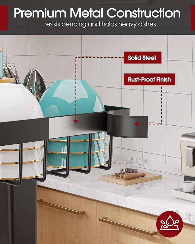 Sakugi Over The Sink Dish Drying Rack - Adjustable 2 Tier Large Capacity Stainless Steel Drainer with Cutlery & Utensil Holders