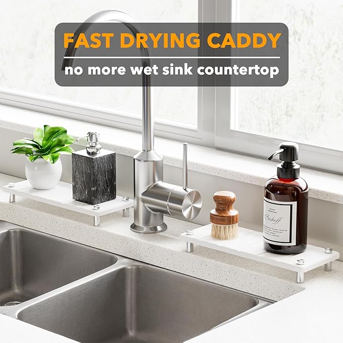 SpaceAid 2 Pack Drying Sink Caddy, Instant Dry Water Absorbing Stone Tray for Sink Organizers, Kitchen Counter Soap Dish Holder Absorbent Coaster, Bathroom Countertop Drying Rack (White)