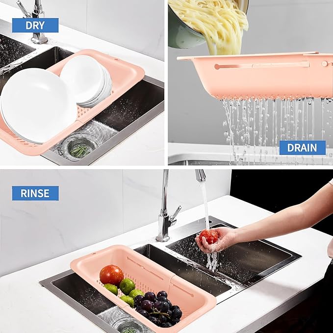 LASSHSWA Collapsible Colander for Kitchen, Over the Sink Strainer Basket for Kitchen, Fruit Pasta Food Strainer Expandable Plastic Colander BPA Free (Orange Pink)
