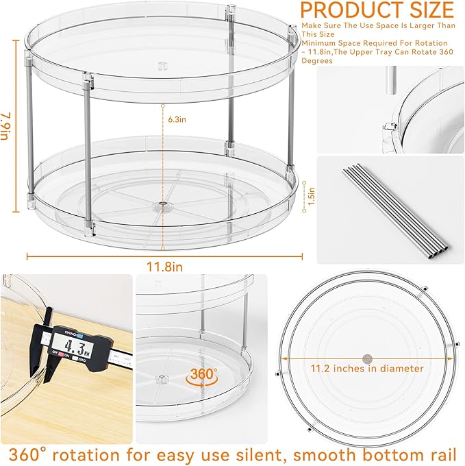 2 Tier Lazy Susan Turntable for Cabinet,Countertop,Pantry,12"W Spinning Seasoning Organizer,Double Rotating Kitchen Spice Rack Organizer and Condiments,Medicine,Vitamin Bottle Organizer Carousels,1Pc