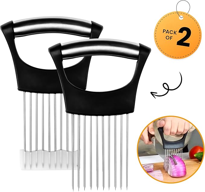 Onion Holder for Slicing (2 Pack) - Stainless Steel Vegetable Slicer Guide, Tomato/Potato/Lemon/Meat Holder - Safe, Even Cuts Kitchen Gadget