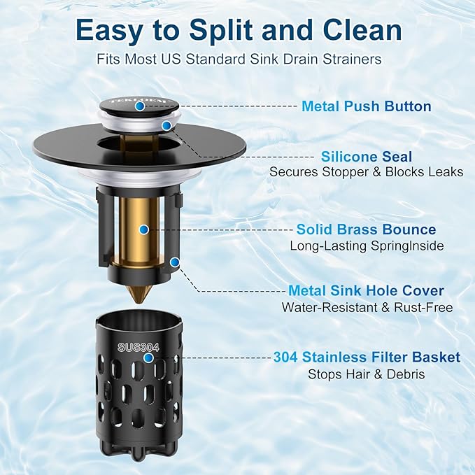 Bathroom Sink Drain Strainer,All Metal Pop-Up Sink Stopper with Removable Stainless Steel Filter Basket, Universal Bathroom Hair Catcher Fit for 1.1-2.36'' Drain (Black, 2 Pack)