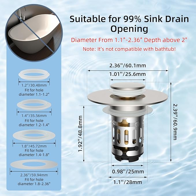 Hibbent 2 Pack Upgraded 3 in 1 Bathroom Sink Drain Strainer, Universal Pop Up Stopper with Removable Stainless Steel Filter Basket Hair Catcher, Sink Plug for 1.1''~2.36'' Basin, Brushed Nickel