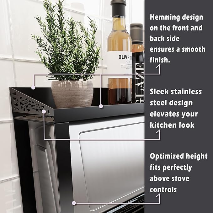 STUTOV 30-Inch Black Metal Over Stove Spice Rack Shelf – Magnetic Kitchen Organizer for Stove Top, Black Countertop Storage Rack for Spices, One-Piece Kitchen Gadgets