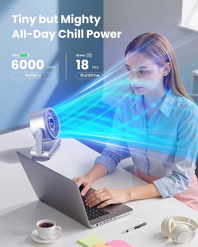 Gaiatop Portable Quiet Desk Fan, 6000mAh Rechargeable Battery Fan with RGB Ring, 18Hrs Runtime, 5-Speed Strong Wind, Bedroom Office Desk Accessories, Gifts for Women Men Teens, Silver