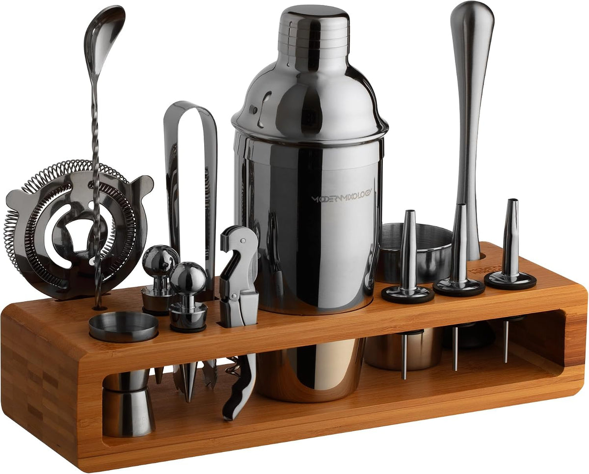Pro-Graded Cocktail Shaker Set with Stand | Complete Bartender Kit | 24oz Martini Shaker, Jigger, Strainer, Bar Spoon, Tongs, Opener, Muddler, Home Bar Essentials