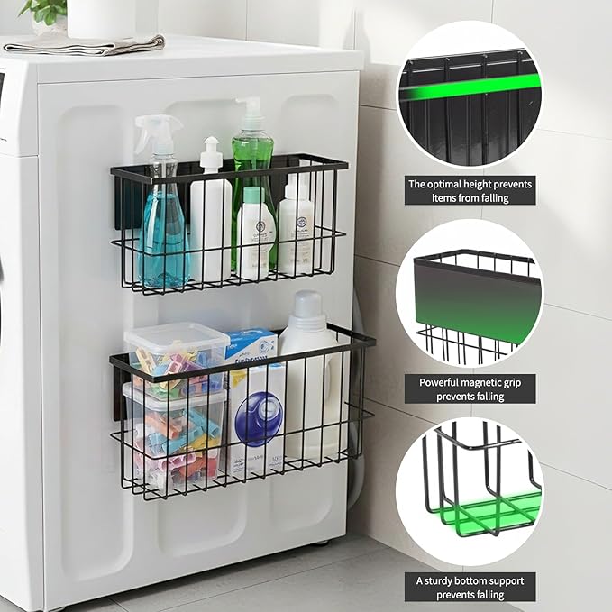 2 Pack Magnetic Basket for Refrigerator,Fridge Magnet Organizer,Magnetic Metal Basket Organizers for Side Storage in Ovens, Microwaves, or Washing Machines(2 Pack/Black1)