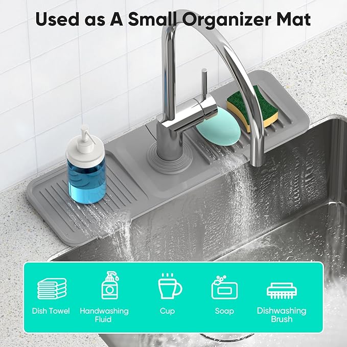 17.7'' Faucet Mat for Kitchen Sink [5°Slope Fast Self-draining] Kitchen Sink Splash Guard Silicone Kitchen Sink Faucet Mat Splash Guard for Kitchen Sink Area Tidy Splash Faucet Guard Draining Mat