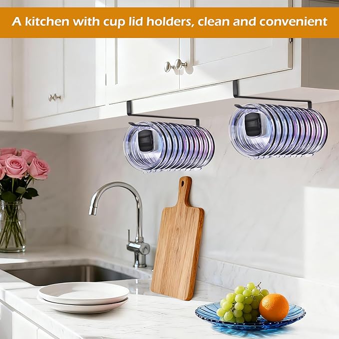 4Pack Tumbler Lid Organizer, Kitchen Space-Saving Cup Holder, Organizers for Under Cabinet Storage, No Glue or Drilling Required (Black)