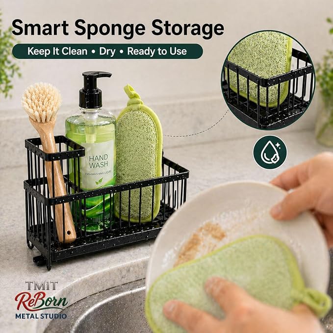 Kitchen Sink Caddy Matte Black, Stainless Steel Sponge Holder with Drainage Tray, Sink Organizer for Sponges, Brushes & Soap, Countertop Storage Rack, 9.4 x 4.7 x 6.5 Inch