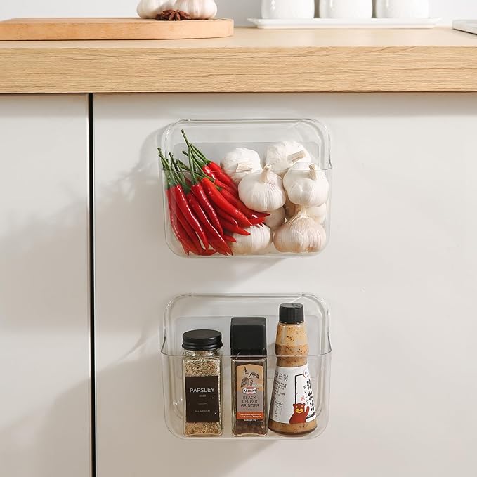 Kitchen Under Sink Cabinet Door Organizer, 4 Pack, Adhesive Clear Acrylic Wall Mount Shelf, Bathroom Makeup Storage Bins, Shower Caddy, Spice Rack, Drink Packet Sponge Dishwasher Pod Holder