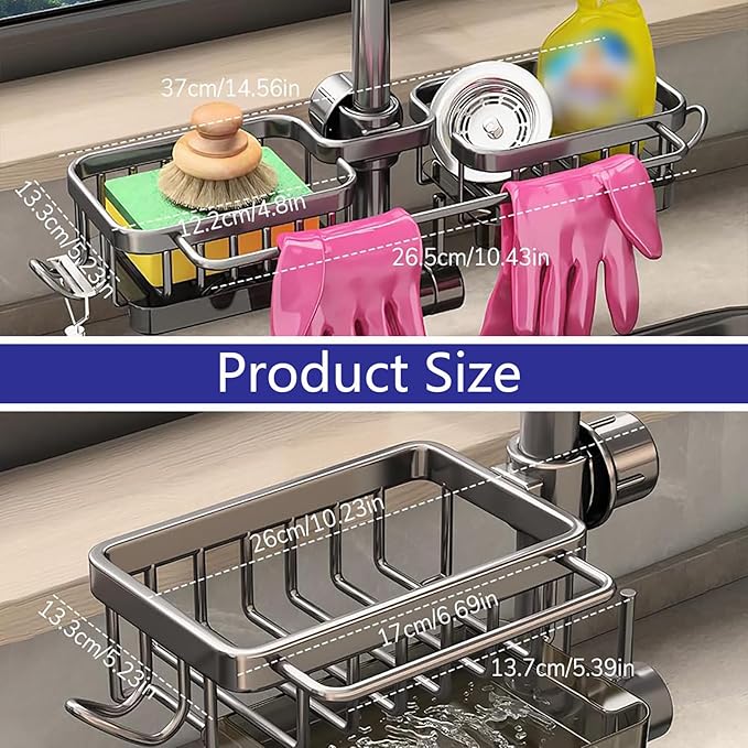 Kitchen Sink Faucet Organizer Multifunction Sponge Holder Organizer Sink Drain Holder Over Faucet Kitchen Sink Caddy with Hook Adjustable for 0.7-1.1inch Round Water Pipe (Black, B)
