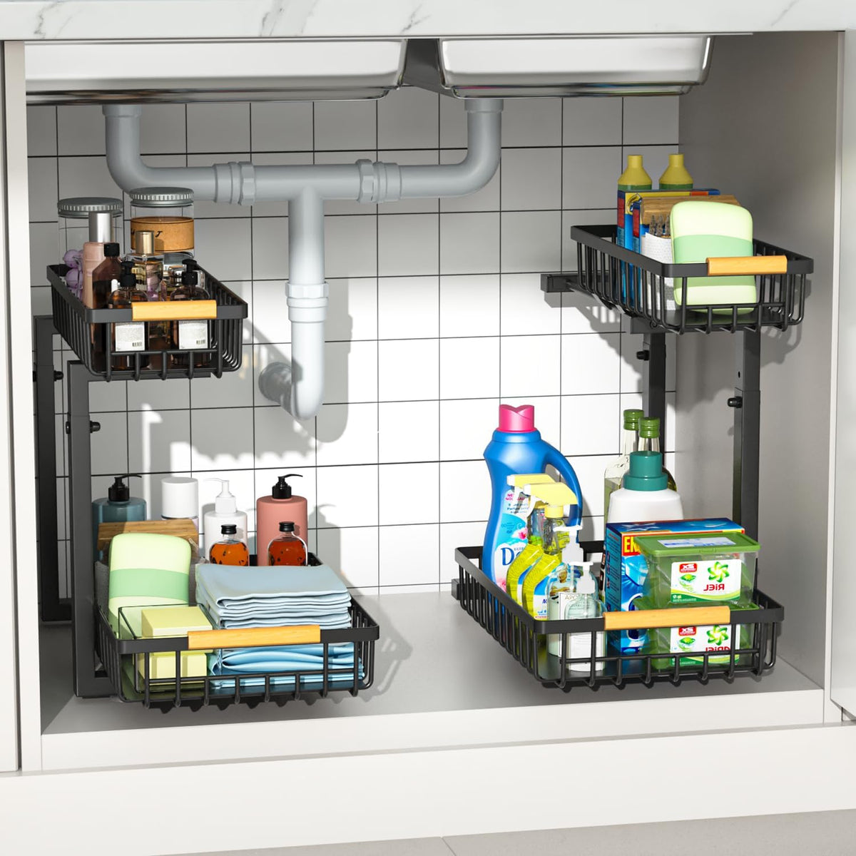 Under Sink Organizers,5 Adjustable Height，Metal Pull Out Under Sink Organizers and Storage Shelves with Sliding Drawer, Black, 2 Pack（Hight 13.6″-16.9″）