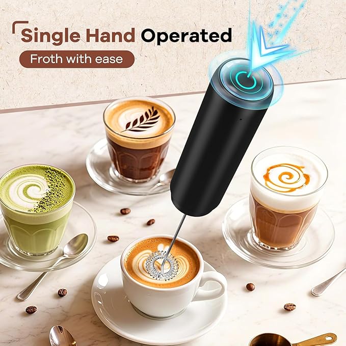 Rechargeable Milk Frother Handheld, Portable Hand Frother Wand Drink Mixer for Coffee, Latte, Matcha, Cappuccino, Frappe with cover kitchen gifts