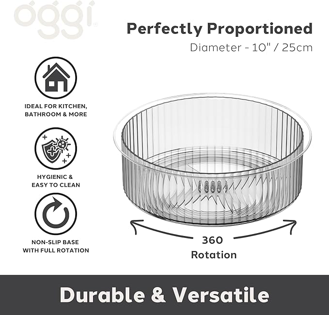 Oggi 10" Fluted Lazy Susan Turntable Organizer – Clear Rotating Cabinet Organizer for Kitchen, Pantry, Fridge, Bathroom, Spices, Perfume, Makeup & More – Stylish Storage & Organization