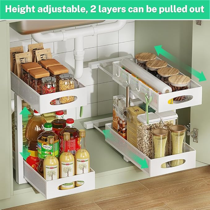 Under Sink Pull Out Organizer, 5-Level Adjustable Height to Fit U/L Shape Plumbing Pipes, Carbon Steel 2-Tier Storage Rack for Kitchen Bathroom Cabinet, White