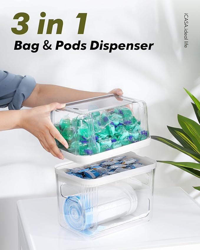 iCASA Trash Bag Dispenser and Dishwasher Pod Organizer, 3 in 1 Dish Pod and Trash Bag Holder Large Garbage Bag Dispenser, Laundry Detergent Pods & Tabs Container Kitchen Under Sink Organizer